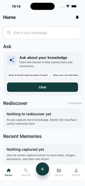 Dockit personal knowledge engine home screen for capturing notes, links, files, and photos.