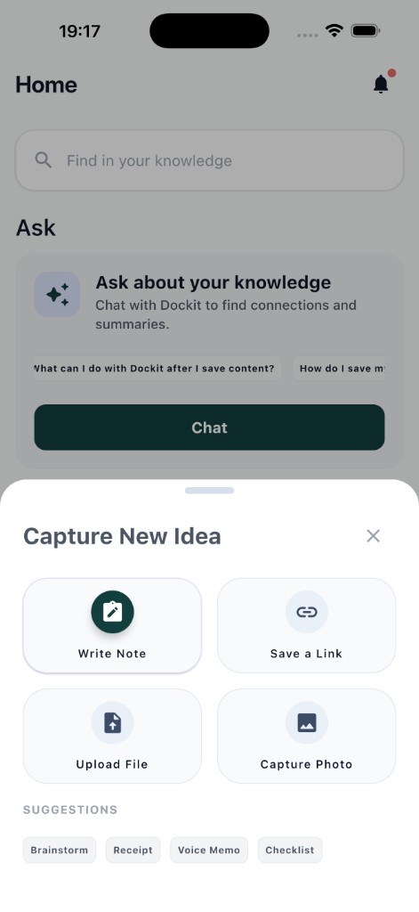 Dockit Home with the Capture New Idea sheet: Write Note, Save a Link, Upload File, and Capture Photo.